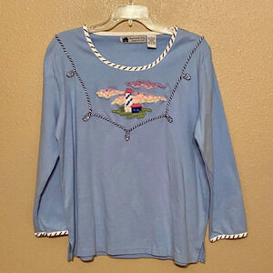 Storybook Knits Shirt Womens Large Long Sleeve Pullover Lighthouse Embellished